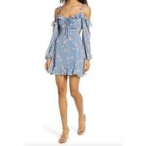 FLORET STUDIOS Cold Shoulder Tie Front Mini Dress Blue Pink Open Back Size XL